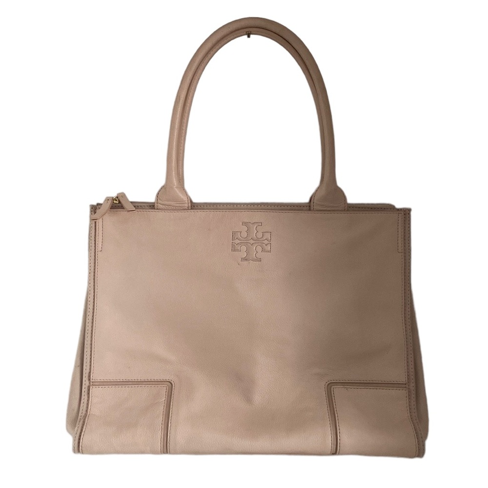 Tory Burch Large Leather Fabric Handles Zipper Tote Shoulder Handbag Bag Beige